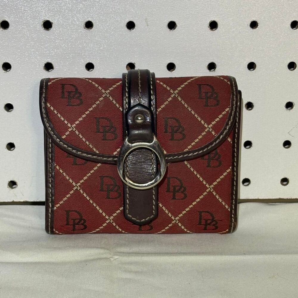 Dooney & Bourke Burgundy Signature DB Compact Wallet Brown Trim